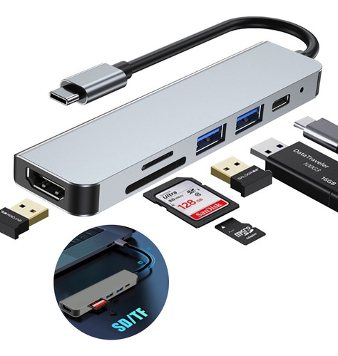 Adaptador Usb 3.0 Hub Tipo C 6 Em 1 Hdmi 4k Micro Sd Tf