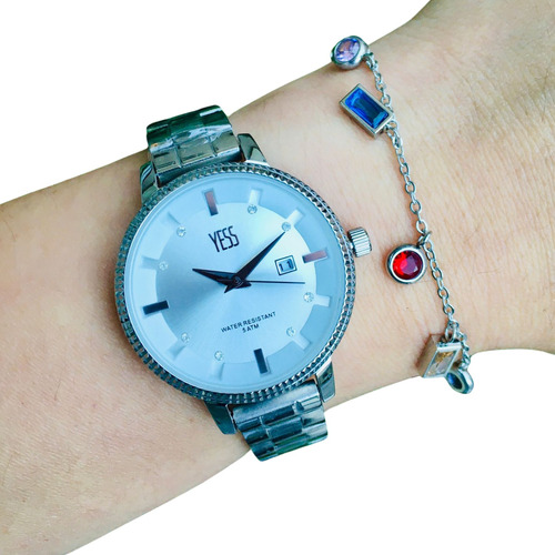 Kit Reloj Yess Mujer En Acero + Pulsera Acero Inoxidable