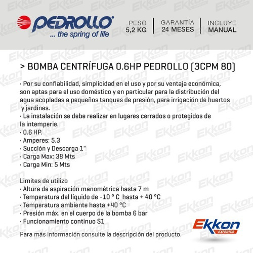 Imagen 2 de 6 de Bomba Centrifuga Pedrollo 0.6 Hp Elevadora De Agua 3cpm 80