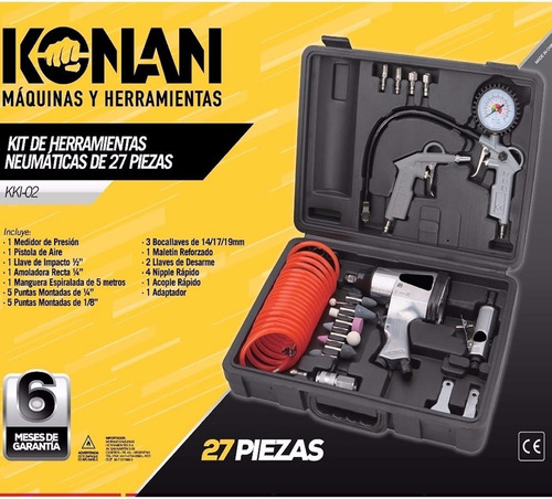 Kit Gomero Llave Pistola De Impacto + Medidor 27pz Konan