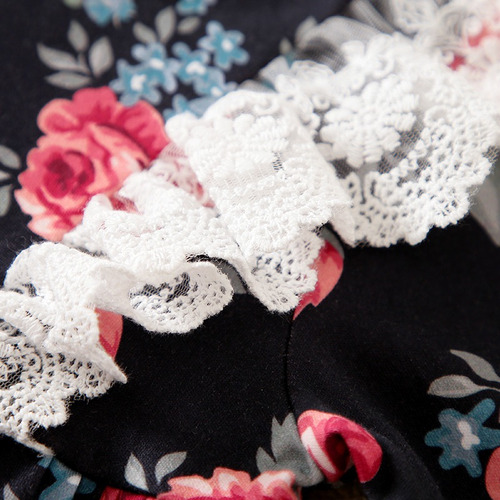 Mameluco De Algodón Cómodo Para Bebé Con Flores Y Encaje Negro 9-12 M Floreado