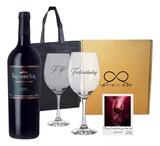 Box Vino Trumpeter Malbec + 2 Copas Vidrio Grabadas Regalo