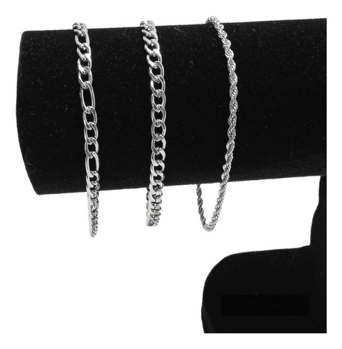 Kit 3 Pulseiras Masculina Aço Inoxidável Prata Comprimento 21 Cm Diâmetro 21 Cm