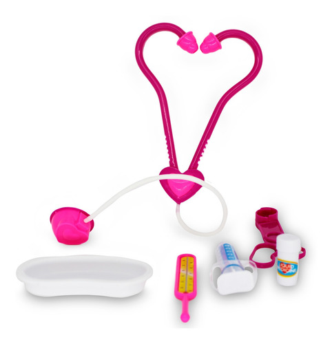 Imagem 5 de 7 de Kit Medico Brinquedo Rosa 6p Estetoscópio Termômetro Alicate