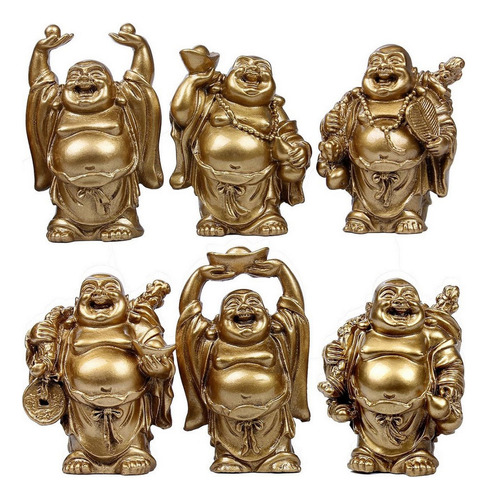 Buda Sonriente 6 Unidades Feng Shui Prosperidad Dorado