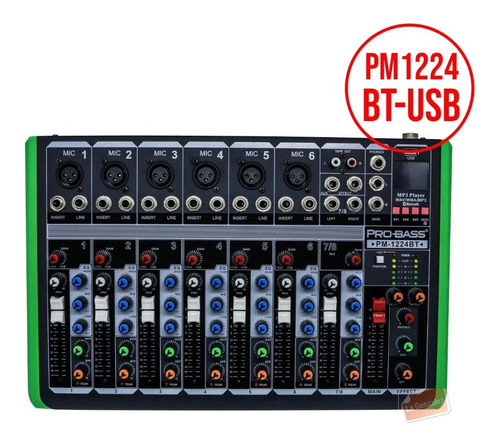 Imagen 1 de 4 de Consola Pro Bass Pm-1224 Bt Usb Mixer 8 Canales Bluetooth