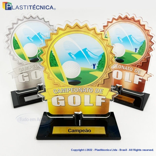 Troféus Para Golf Em Acrílico 100% Campeão Vice E 3º Lugar