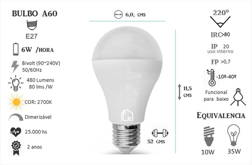 Imagem 2 de 2 de Lâmpada Led Bulbo A60 6w Dimerizável