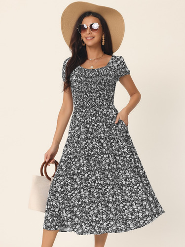 Vestido Midi Mujer Informal Con Estampado Floral Y Bolsillos
