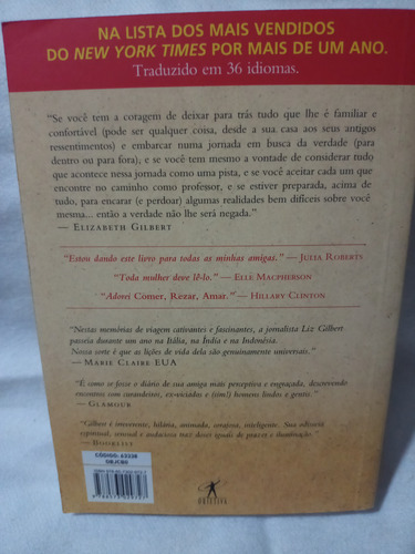 Comer Rezar E Amar De Elizabeth Gilbert, Editora Objetiva, 2009 (Usado)