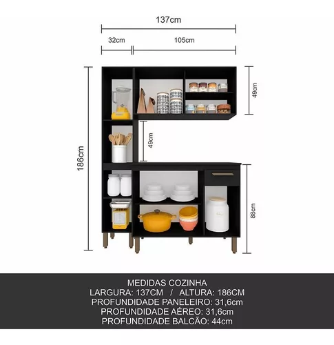 Armário de Cozinha Tieli 5 Peças Preto Fosco - Móveis Arapongas