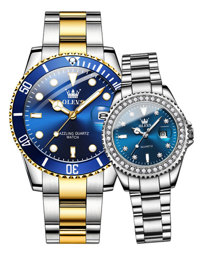 Reloj De Pareja Olevs De Cuarzo Inoxidable De Lujo, 2 Piezas Color Del Fondo Silver Golden Blue&silver Blue