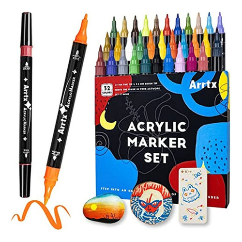 Arrtx Acrylic Paint Pens, 32 Colores Punta Fina Y Marcador D