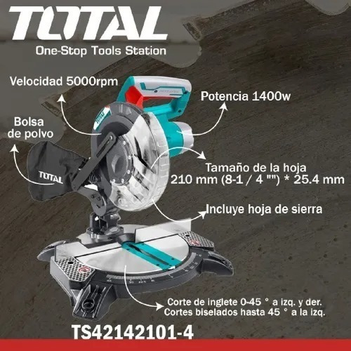 Imagen 2 de 6 de Sierra Circular Ingletadora 1400w Total 210mm + Disco Madera