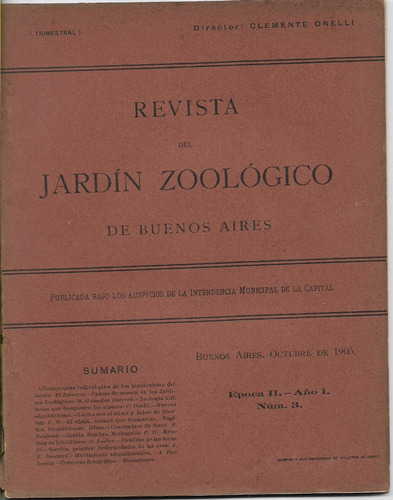Revista Jardín Zoológico 2º Época Año 1 Nº 3 Oct 1905 Onelli