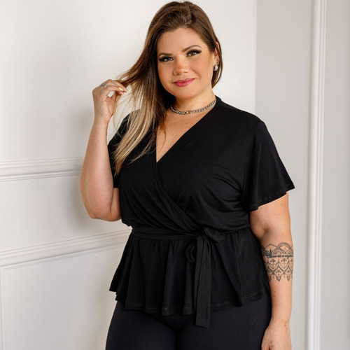 Blusa Feminina Transpassada Com Babado Manga Curta Plus Size