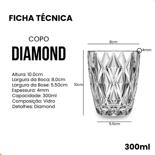 Jogo 6 Copos Diamond 300ml Vidro Grosso Diamante Luxo — foto 7