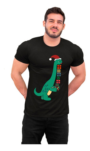 Playera Unisex Negra Navideña De Dinosaurio Cuello Largo 