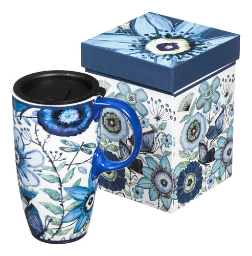 Tonos De Indigo Flores Y Mariposas Taza De Cafe De Viaje 17