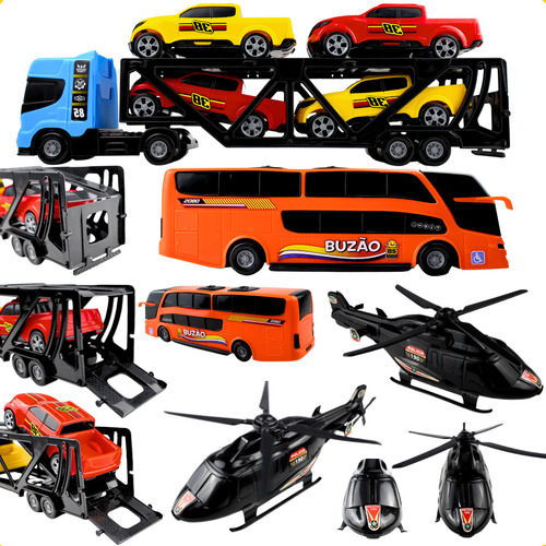 Caminhão Infantil Cegonha Com Helicóptero Ônibus E Carrinhos