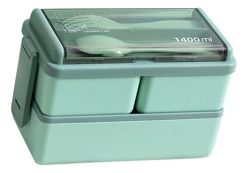 Bento Box De Dos Capas, Color Verde, Con Separador, De Plást