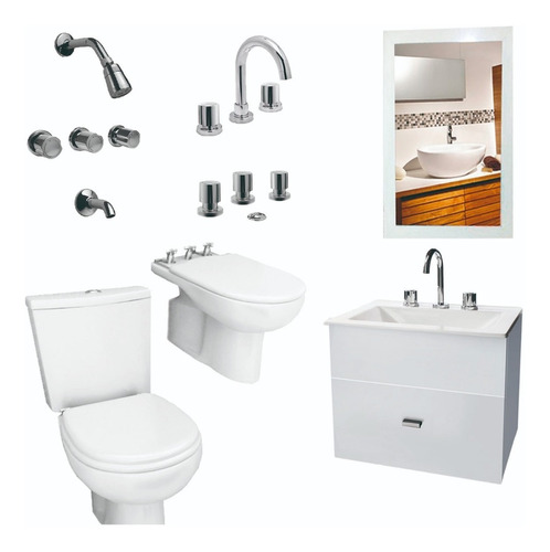 Baño Vanitory Colgante 50cm Inodoro Bidet Griferia Y Espejo