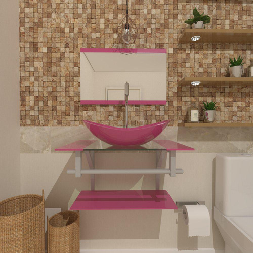 Gabinete De Vidro 40cm Ac Com Cuba Oval Rosa