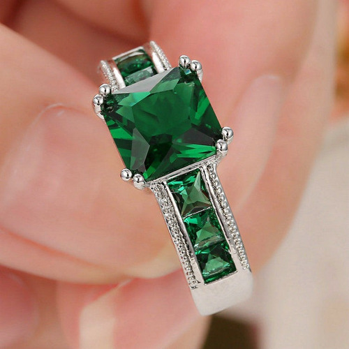 Anillo Acero Plateado Verde Piedra Circon Compromiso