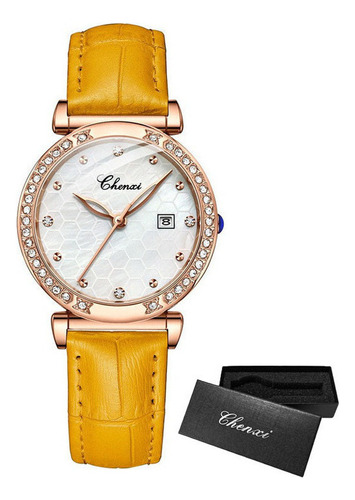 Reloj Impermeable De Cuero Con Diamantes Luminosos Chenxi