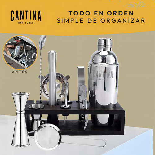 Juego Bartender Coctelera Utensilios Cantina Blue Label BLACKBAR de Acero Inoxidable 12 Piezas Color Negro