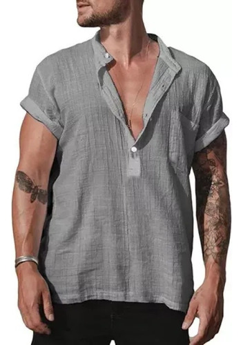 Camiseta Masculina Camiseta Com Decote Em V Algodão Linho Jo