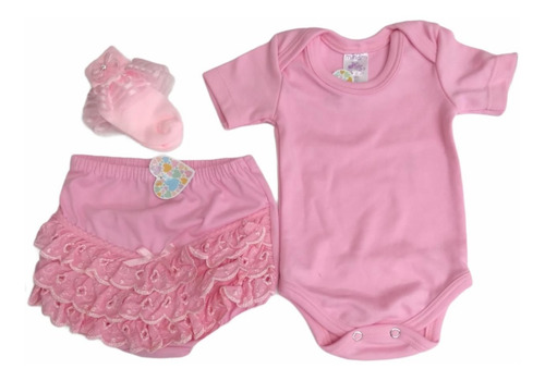 Set 3 Piezas Pañalero Calcetas Y Calzon Con Olan 0 M A 24m