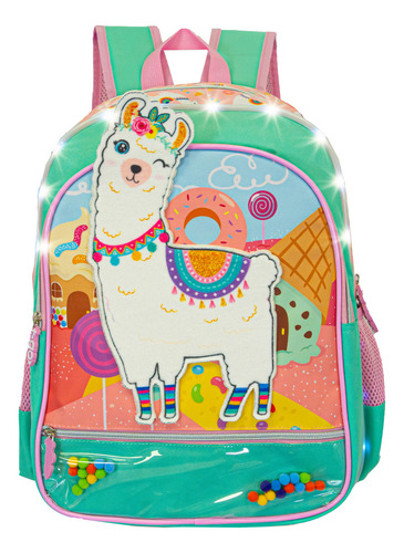 Mochila Escolar Con Luces Led + Cartuchera 16 Pulgadas Para Nenas Niñas Llama