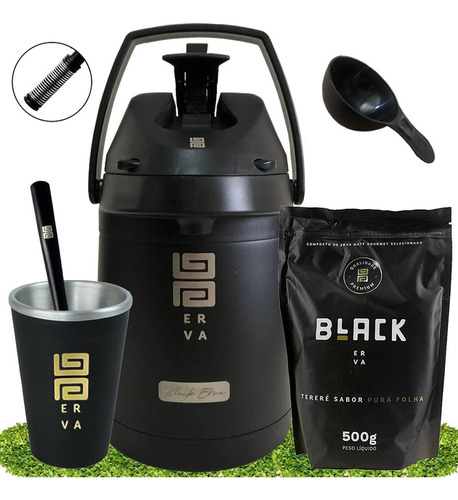 Kit Tereré Black + Cuia Térmica + Garrafa Inox + Bomba Mola