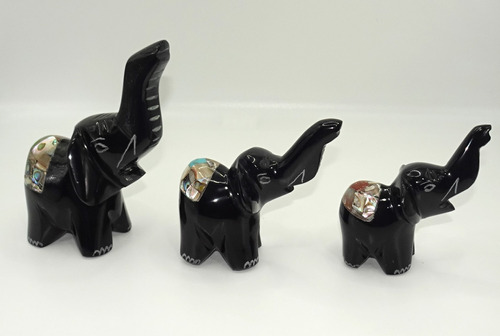 Set De 3 Elefantes Artesania Obsidiana / Concha Abulon