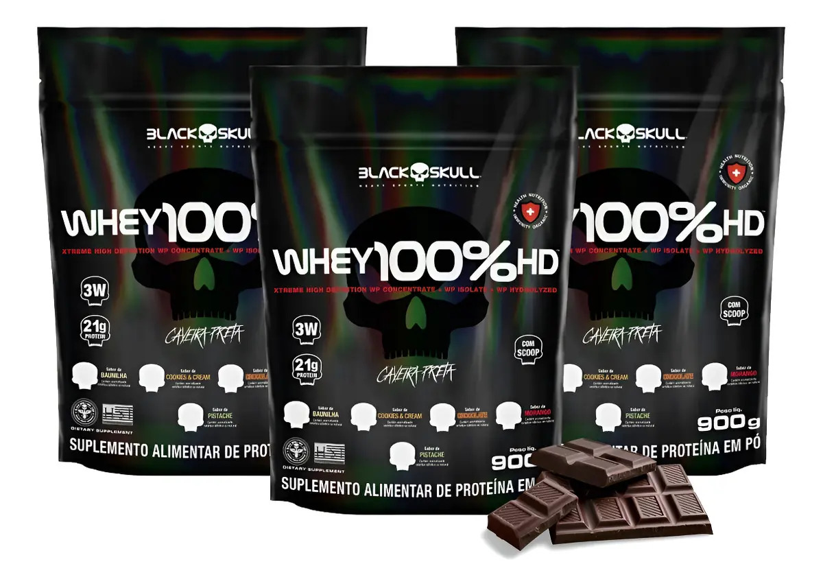 Kit 3 Whey Hd Isolado Concentrado Hidrolisado Black Skull Sabor Chocolate