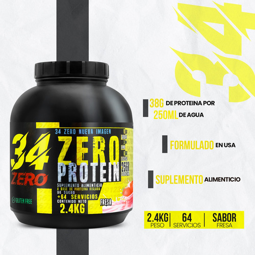 Suplemento En Polvo Proteína 34 Zero 2.4kg 80 Servicios Fresa