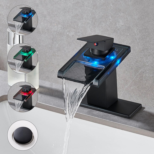 Grifo Led Para Lavabo Baño Cascada Negra Mate 3 Luz Acero