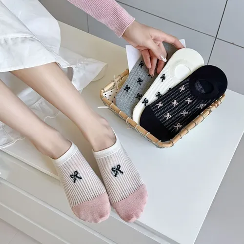3pairs New Bow Boat Socks Invisible Soft Cotton Crew Socks