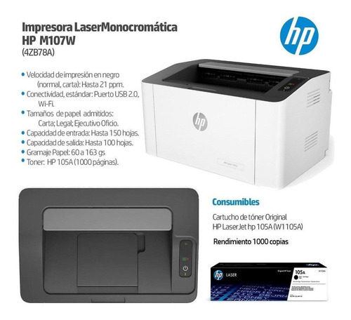 Imagen 5 de 5 de Impresora simple función HP Laser 107w con wifi gris y negra 110V/240V 4ZB78A