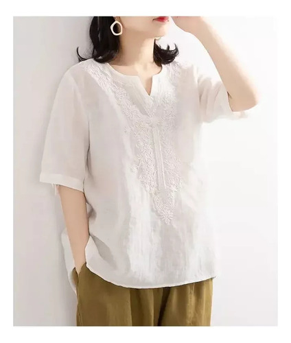 Blusa Bordada De Algodón Y Lino Con Cuello En V Para Mujer