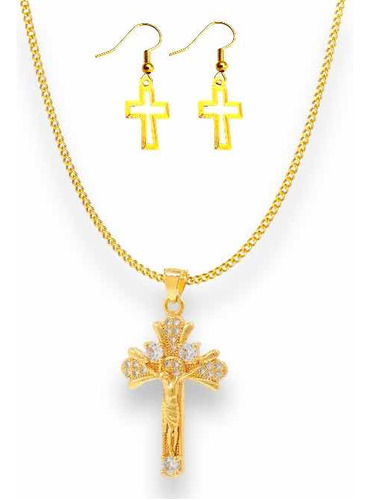 Collar De Cruz De Cristo Enchapado Oro + Arracadas