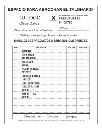 10 Talonarios 14x20 - Duplicados Numerados Papel Blanco