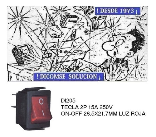 Llave Di205 Tecla 2p 15a 250v On-off 28.5x21.7mm Luz Roja