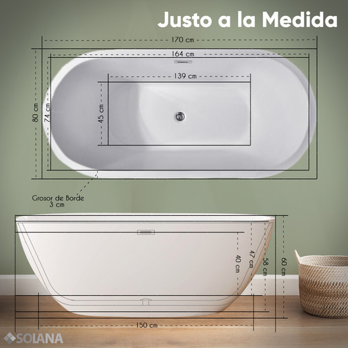 Solana BT6008 Kit Tina Baño Tradicional Ovalada 170x80x60 Cm De Acrílico De 8cm + Grifo Independiente Monocomando Cuello Cisne Blanco/goldrose
