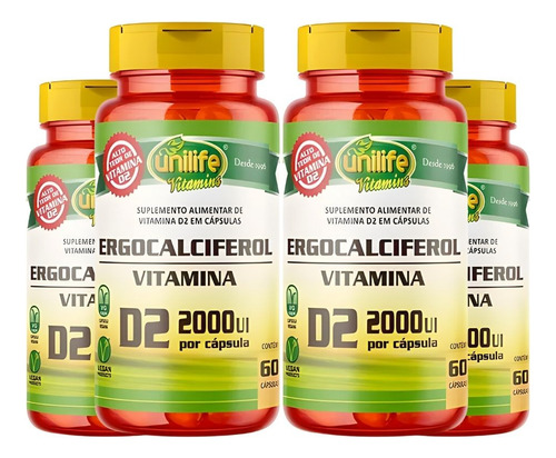 Kit C/4 Un Vitam D2 Ergocalciferol 2000 Ui 180 Cáps Unilife