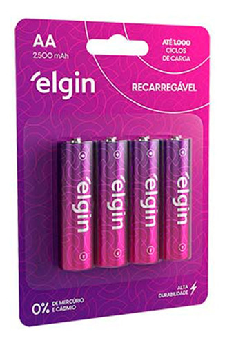 Pilha Aa Recarregável Elgin 2500 Mah Cartela Com 4 Unidades