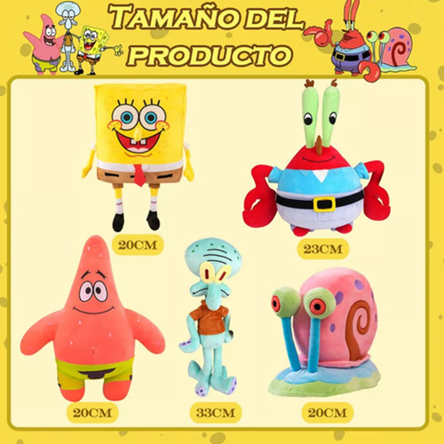 5 Peluches Bob Esponja, Patricio Estrella, Calamardo, Gary