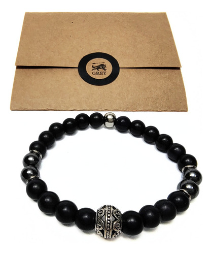 Pulsera Hombre Piedra Negra Con Hematite Y Dije Esfera