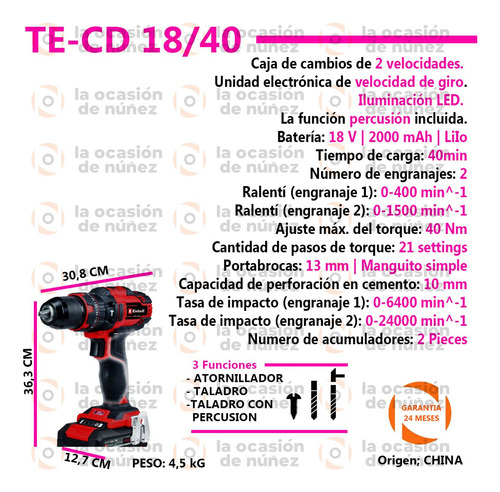 Imagen 2 de 7 de Atornillador Taladro Einhell Percutor Cargador Bateria Acces
